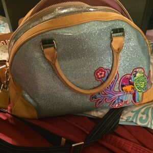 Consuela Blue and Tan Travel Bag with Embroidered Design